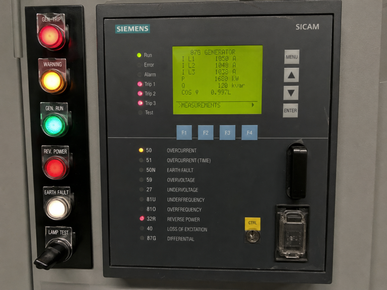 Air circuit breaker (ACB) on a ship's main switchboard — the breaker tripped by alternator protections such as reverse power