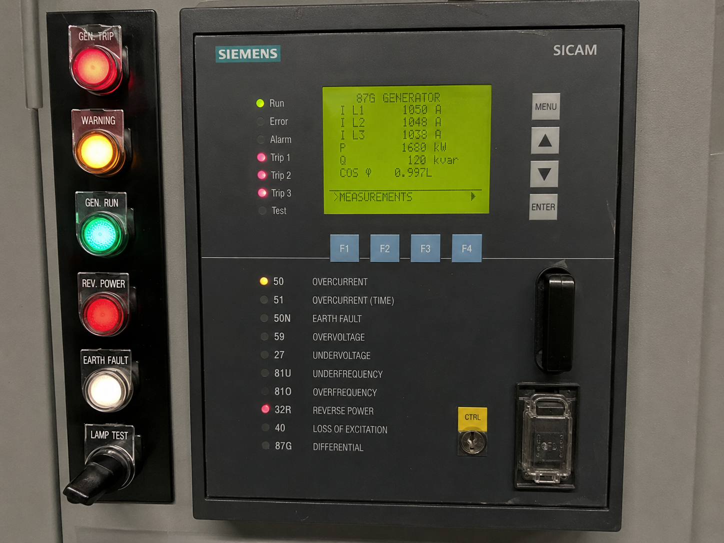 Air circuit breaker (ACB) on a ship's main switchboard — the breaker tripped by alternator protections such as reverse power